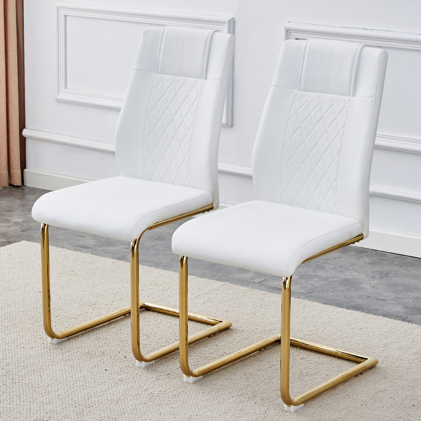 Elegant Golden Leg Cushioned Artificial Leather Dining Chairs Set of 4 (White + PU)