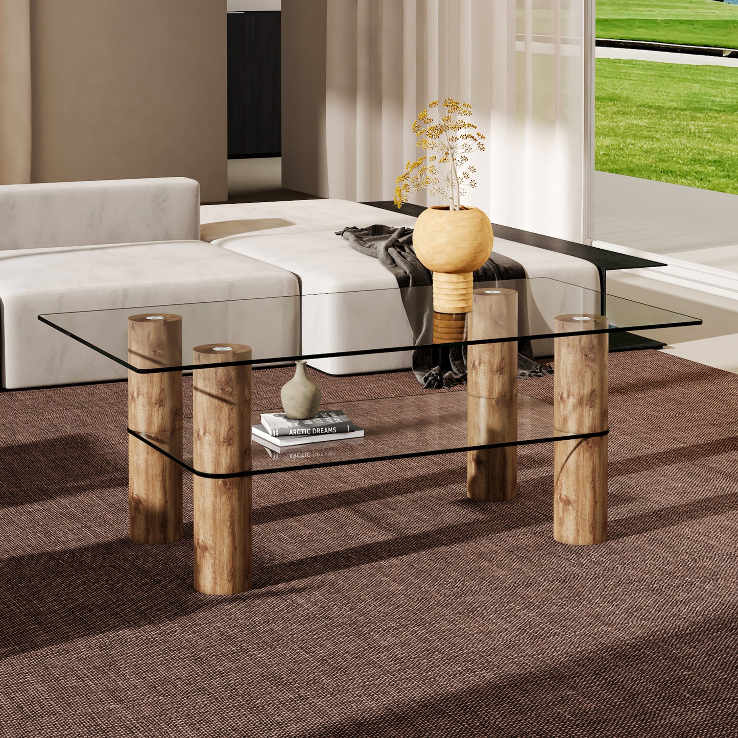 Modern Minimalist Double-Layer Transparent Tempered Glass Coffee Table with Wooden MDF Decorative Columns