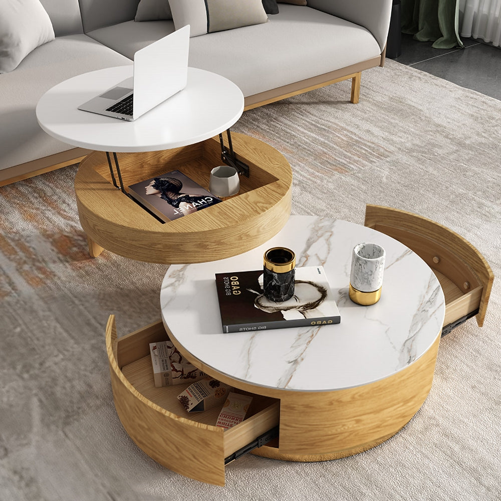 Modern Round Coffee Table with Storage Lift-Top Wood & Stone Coffee Table with 2 Drawers