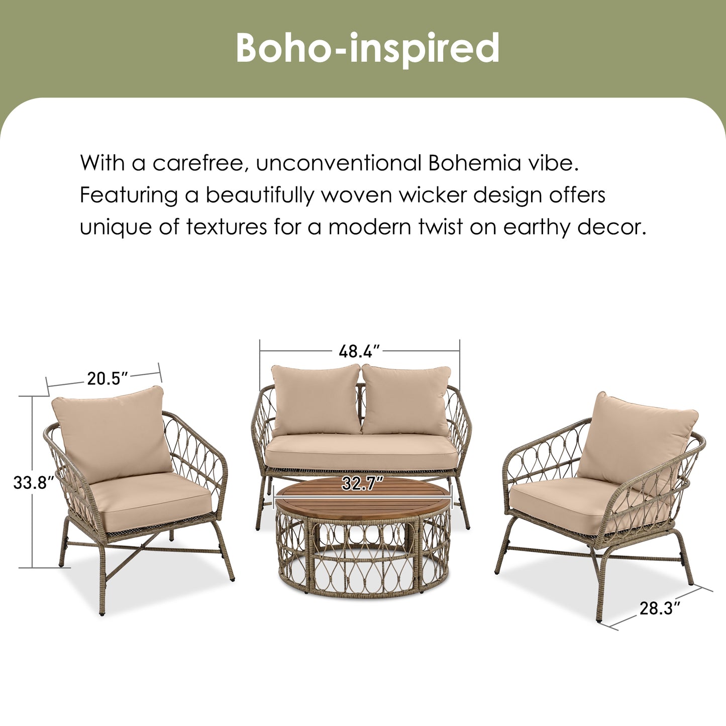 Bohemia-Inspired 4-Person Outdoor Seating Group - Removable Cushions and Wood Tabletop, Beige Conversation Patio Set