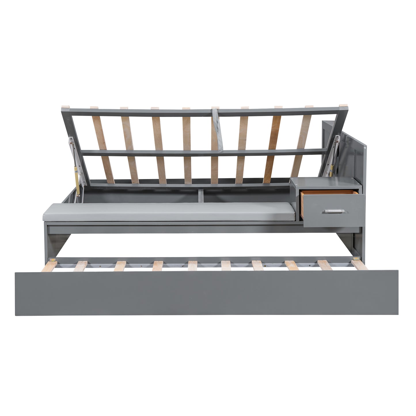 Full Size Wood Storage Hydraulic Platform Bed with Twin Size Trundle, Side Table and Lounge, Gray