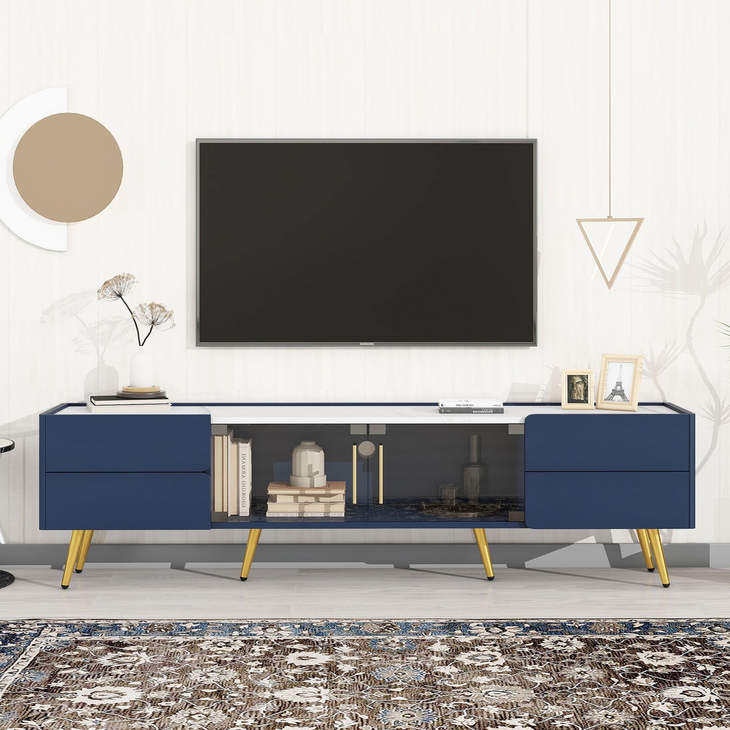 U-Can Modern TV Stand with LED lights for TVs up to 80 Inches, Entertainment Center with 4 Drawers and 1 Cabinet with Brown Glass Door, Media Console with Metal Legs and Handles for Living room