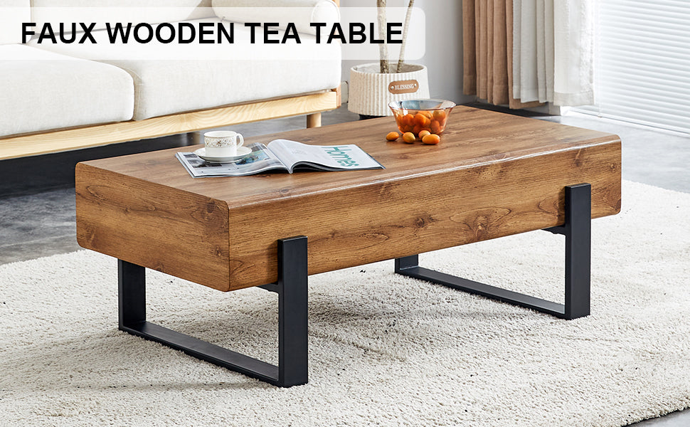 Natural Wood Tone Rustic MDF Coffee Table with Metal Legs