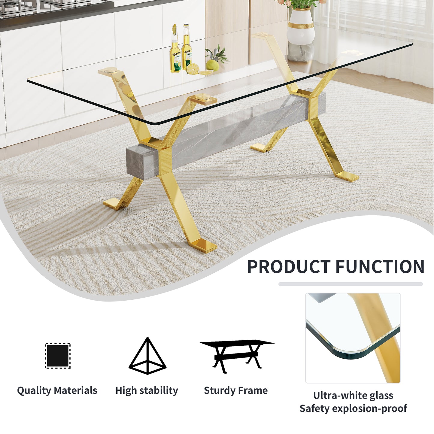 Dining table. Modern tempered glass dining table. Large modern office desk with gold plated metal legs and MDF crossbars, suitable for both home and office use. Kitchen. 79 ''x39''x30 '' 1105