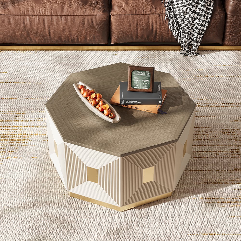 Mid Century Modern Block Coffee Table in Light Gray & Champagne with Octagonal Tabletop