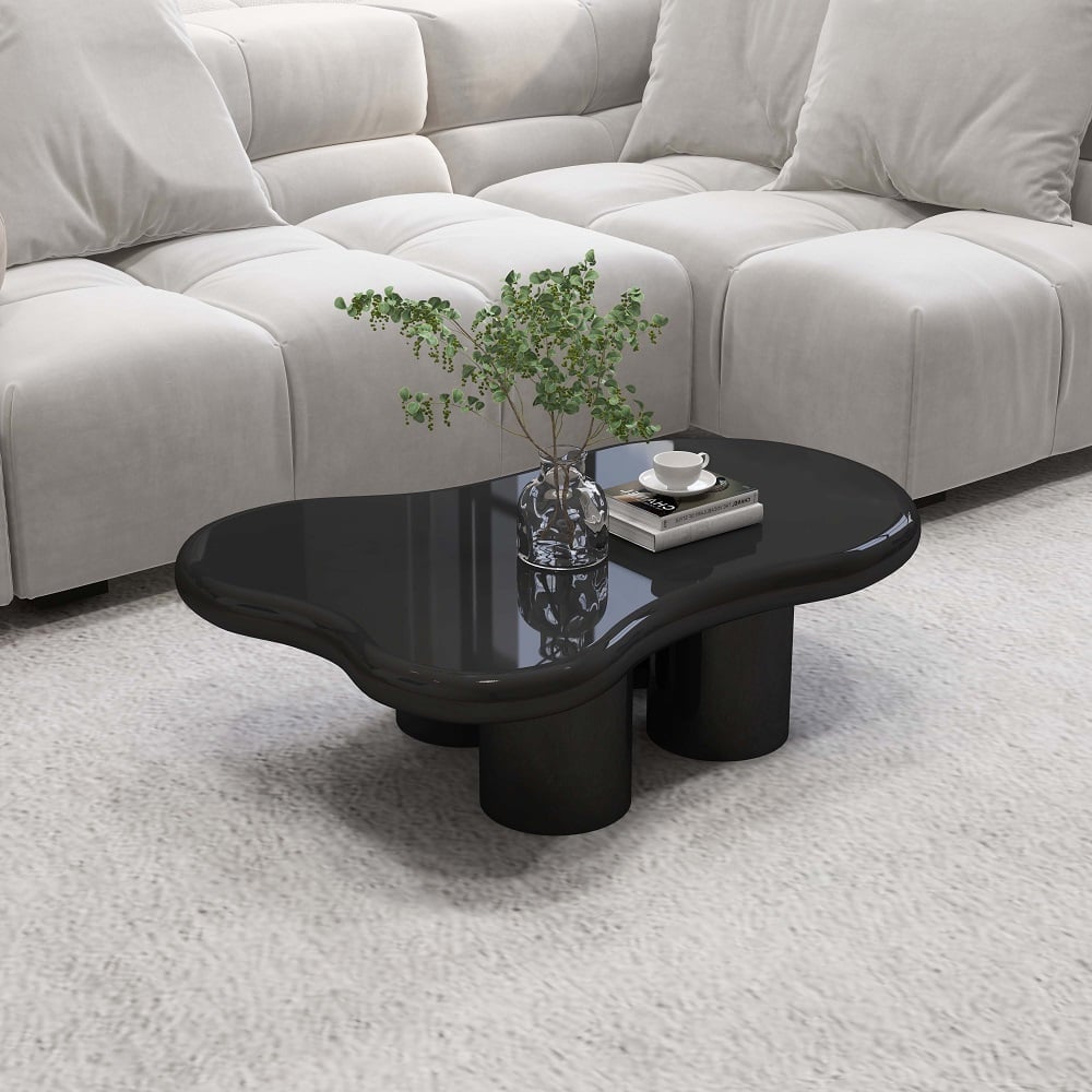 39 Inches Black Modern Smooth Wood Abstract Coffee Table with 4 legs