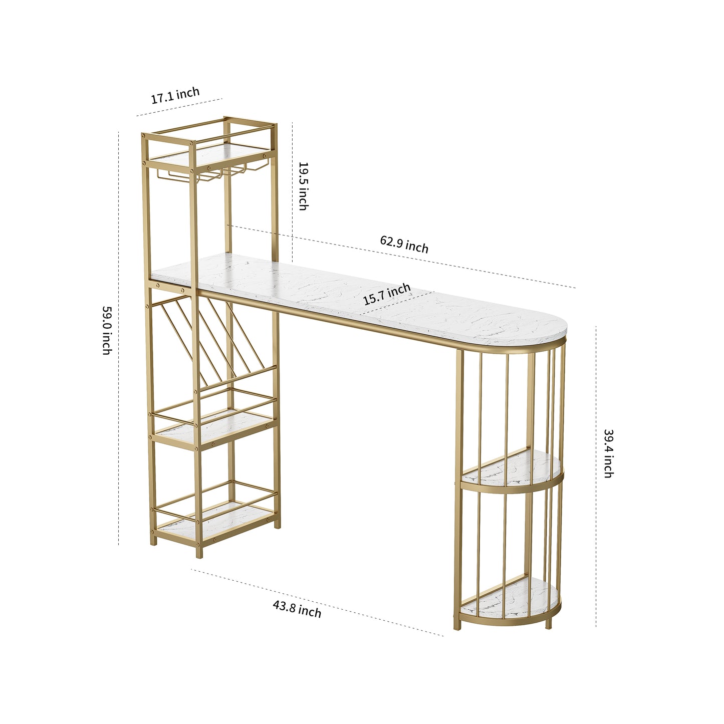 63" Table de salle à manger de hauteur de bar de cuisine blanche moderne Table de petit-déjeuner en bois avec base dorée avec étagères, support en verre, support à bouteilles de vin