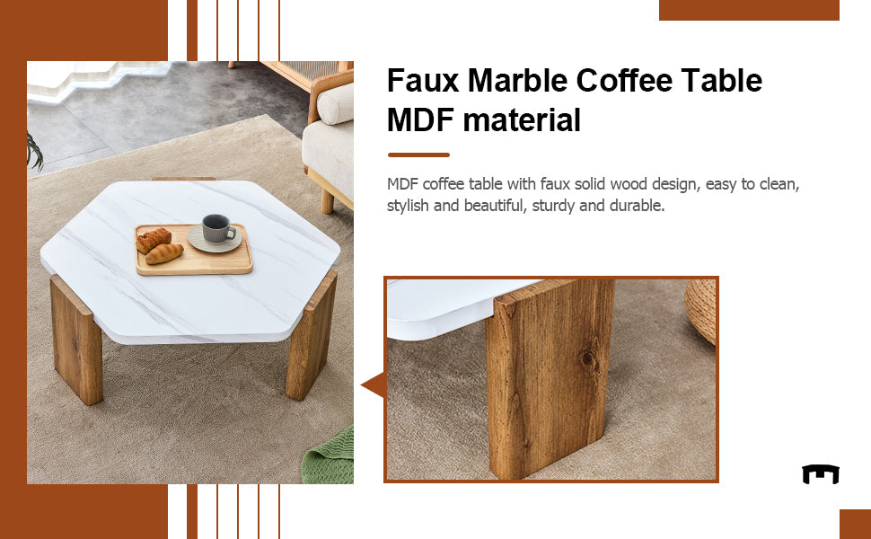 Stylish MDF Coffee Table - White Tabletop with Wooden Legs, Ideal for Living Spaces and Guest Rooms