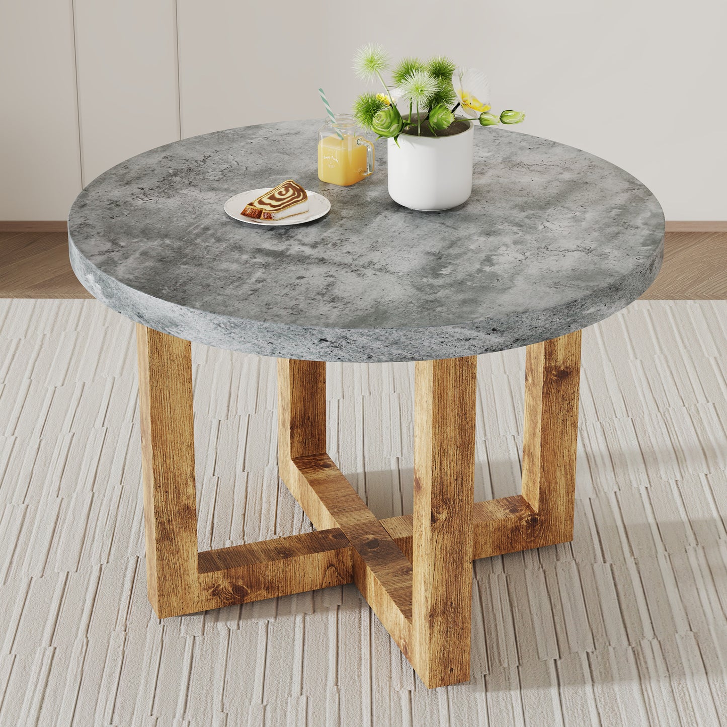 A modern and practical circular dining table. Made of MDF tabletop and wooden MDF table legs. Suitable for living room and bedroom. 42 inches * 42 inches * 30 inches