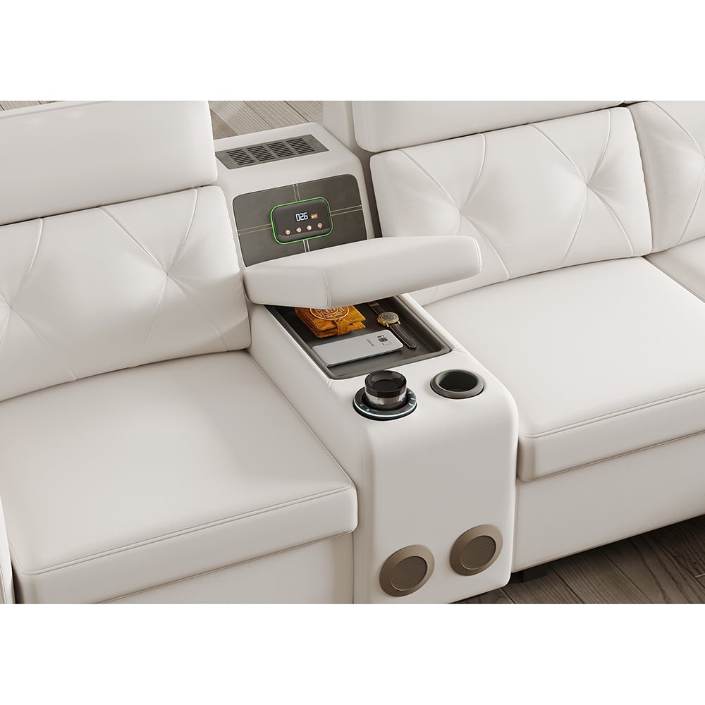 134.6" White Power Reclining Sectional Sofa Pull Out Bed Cup Holder & Speaker & Storage