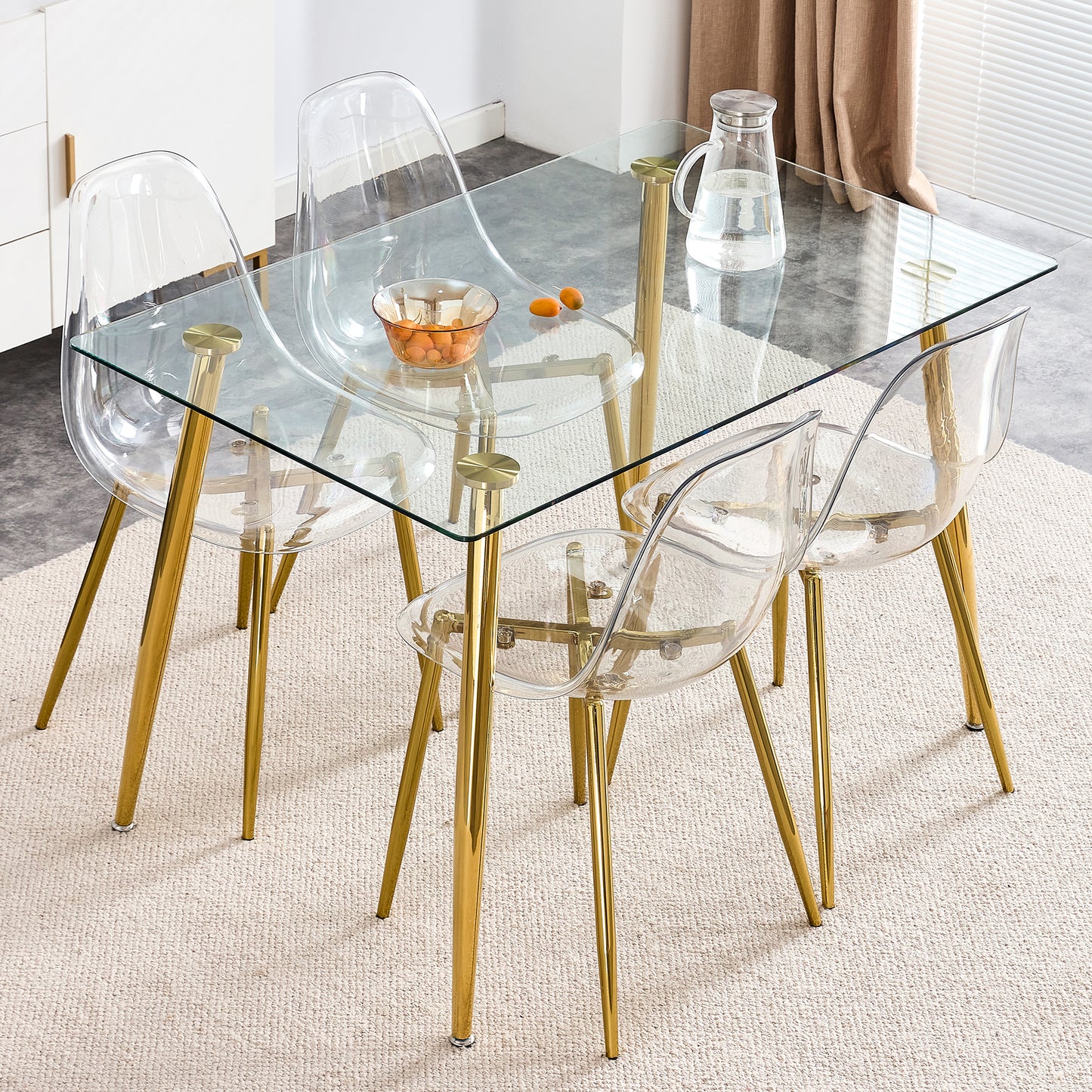 Modern Transparent Dining Chairs - Set of 4 Armless Crystal Chairs with Golden Plating Metal Legs