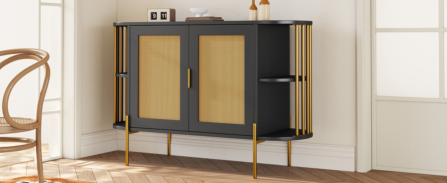 TREXM 2-Door Elegant Curved Dining Cabinet with Gold Trim and Woven Rattan Doors for Dining Room (Black)