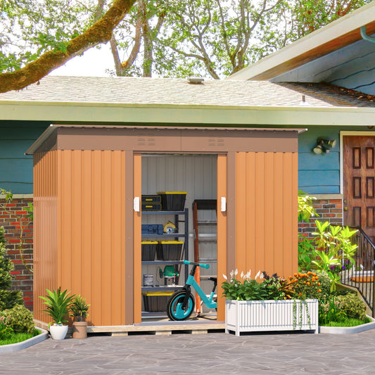 Hangar de rangement extérieur de 4,2 x 9,1 pi, hangar à outils en métal avec portes d'aération verrouillables, abri de jardin utilitaire pour patio, pelouse et arrière-cour, marron