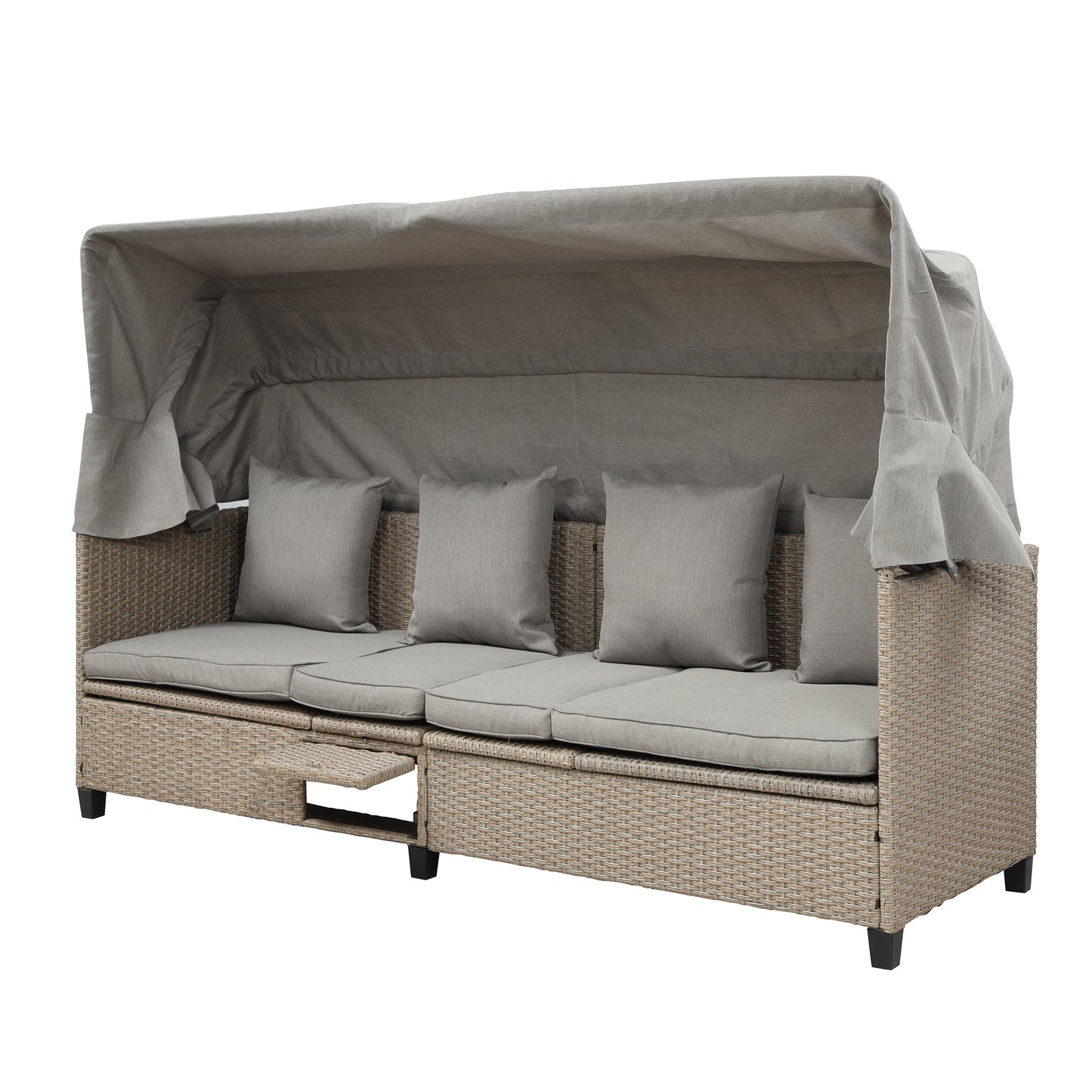 TOPMAX Ensemble de canapé de patio en osier en résine résistant aux UV 4 pièces avec auvent rétractable, coussins et table élévatrice, marron