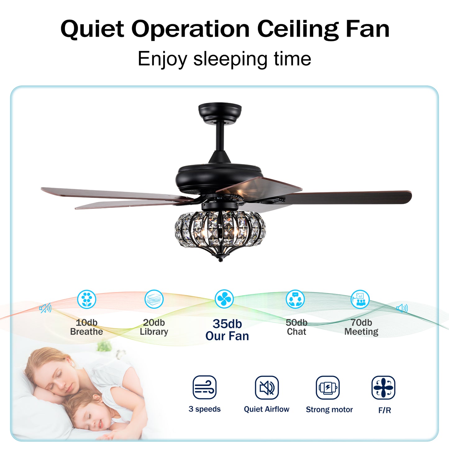 Elegant 52" Ceiling Fan Lamp - Crystal Shade, Remote Control, 3 Speeds, and 5 Reversible Blades - Matte Black