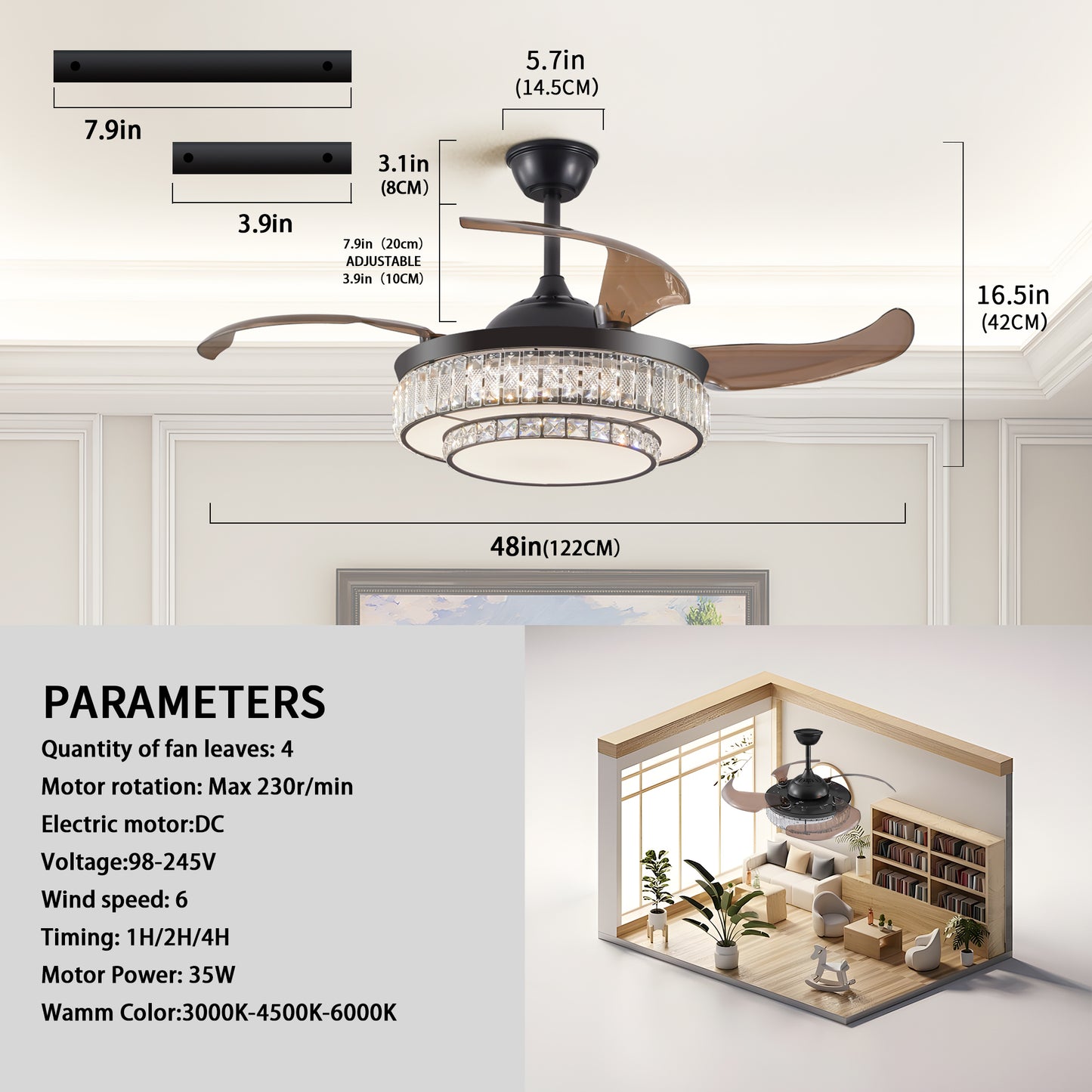 Stylish Retractable Ceiling Fan with LED Light - 4-Blade Design, Remote Control