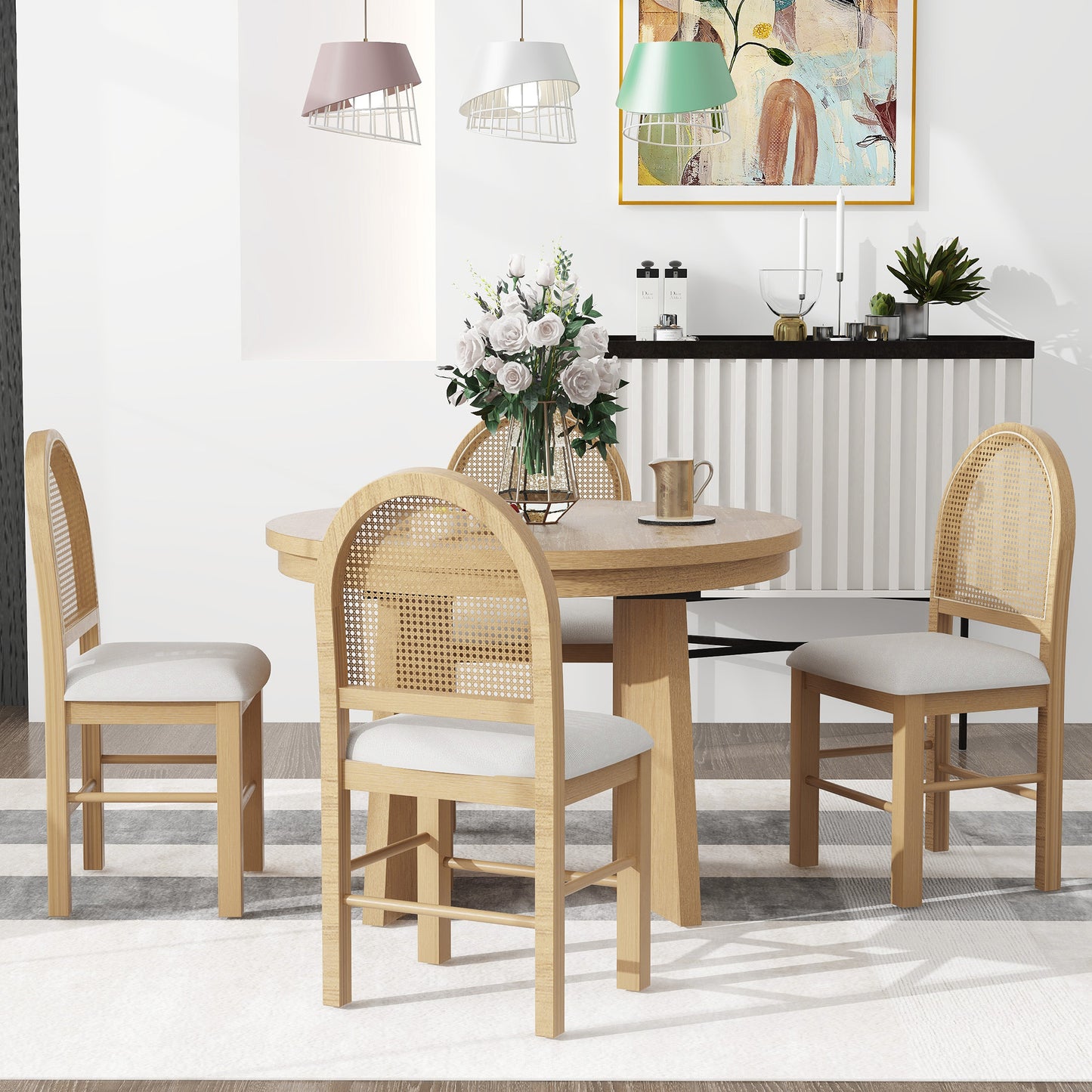 TREXM 5-Piece Retro Functional Dining Set with 1 Extendable Dining Table and 4 Upholstered Chairs with Rattan Backrests for Dining Room and Kitchen (Natural Wood Wash)