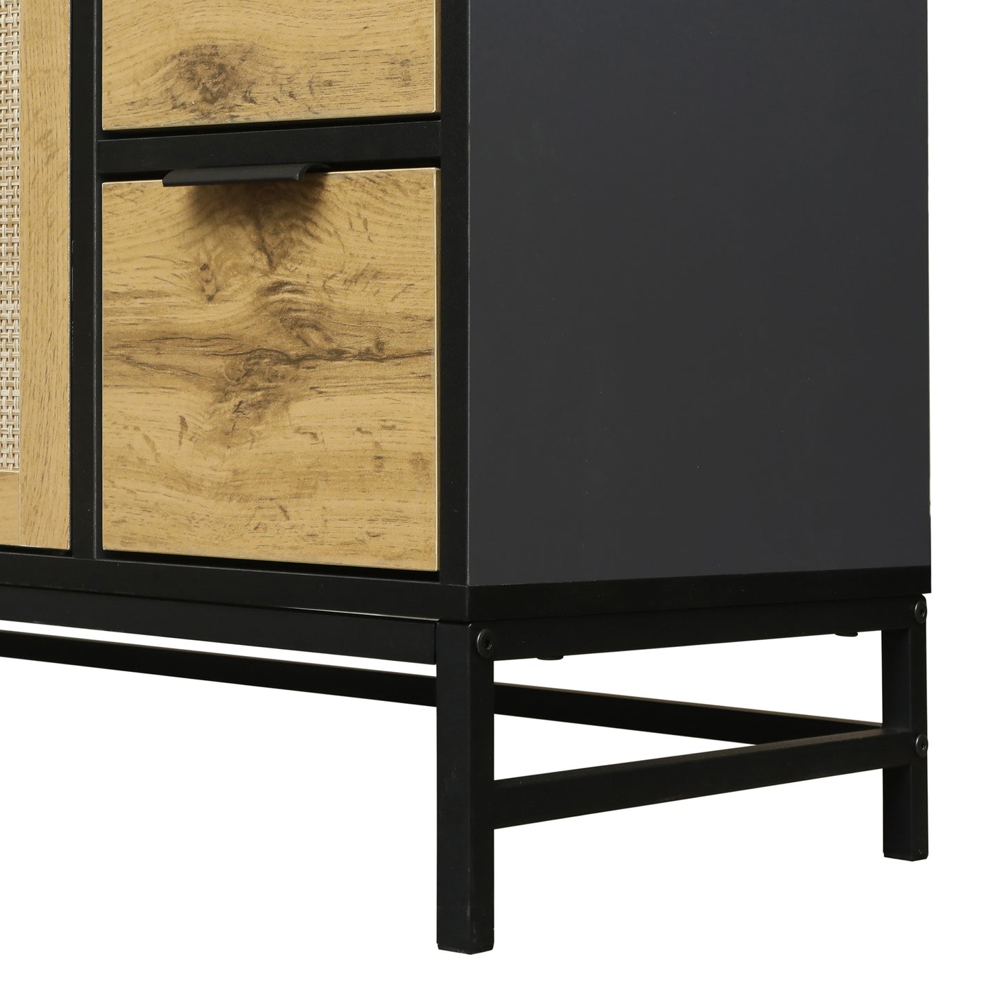 ON-TREND Meuble TV élégant en rotin pour téléviseurs jusqu'à 65", console multimédia de style bohème avec étagères réglables, table console TV élégante avec surface grain de bois pour le salon, gris acier