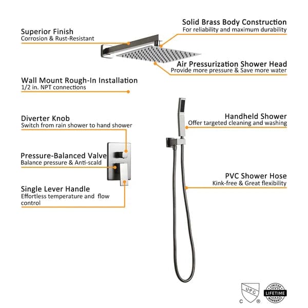 Modern 12 Inch Wall Mounted Shower System with Handheld Shower Pressure Balance Valve