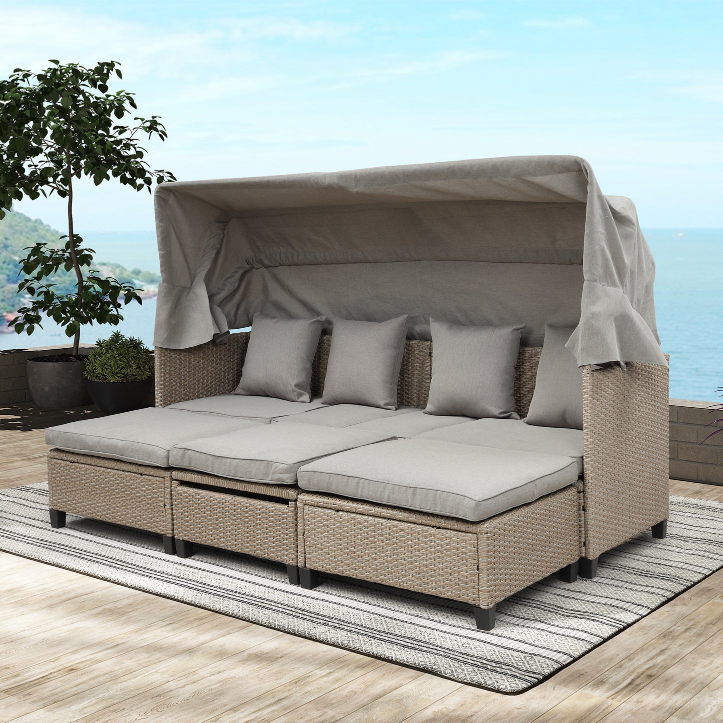 TOPMAX Ensemble de canapé de patio en osier en résine résistant aux UV 4 pièces avec auvent rétractable, coussins et table élévatrice, marron