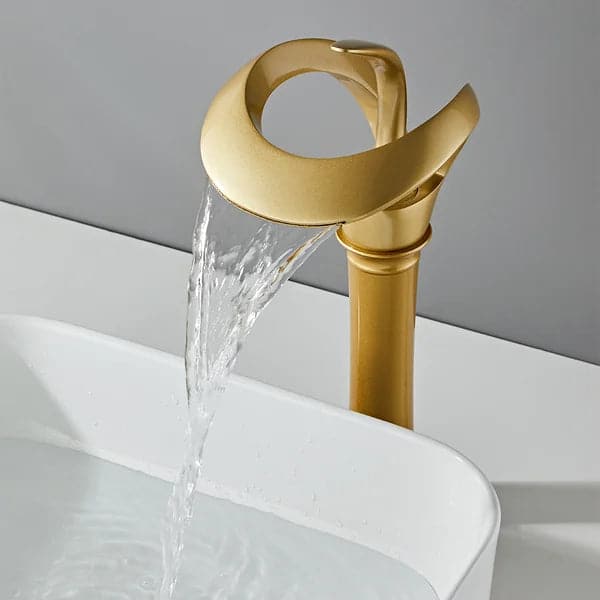 Modern Elegant Waterfall Bathroom Vessel Sink Faucet Single Handle Solid Brass in Gold