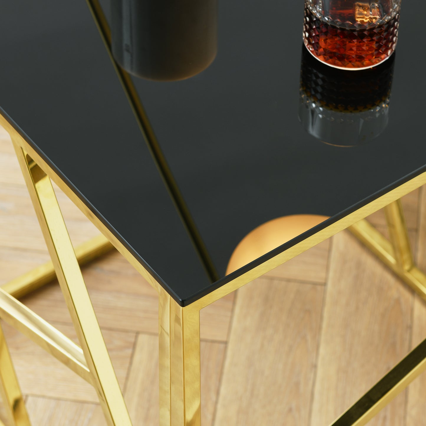 Modern Rectangular Coffee Accent Table - Black Tempered Glass Top with Gold Stainless Steel Frame for Living Room