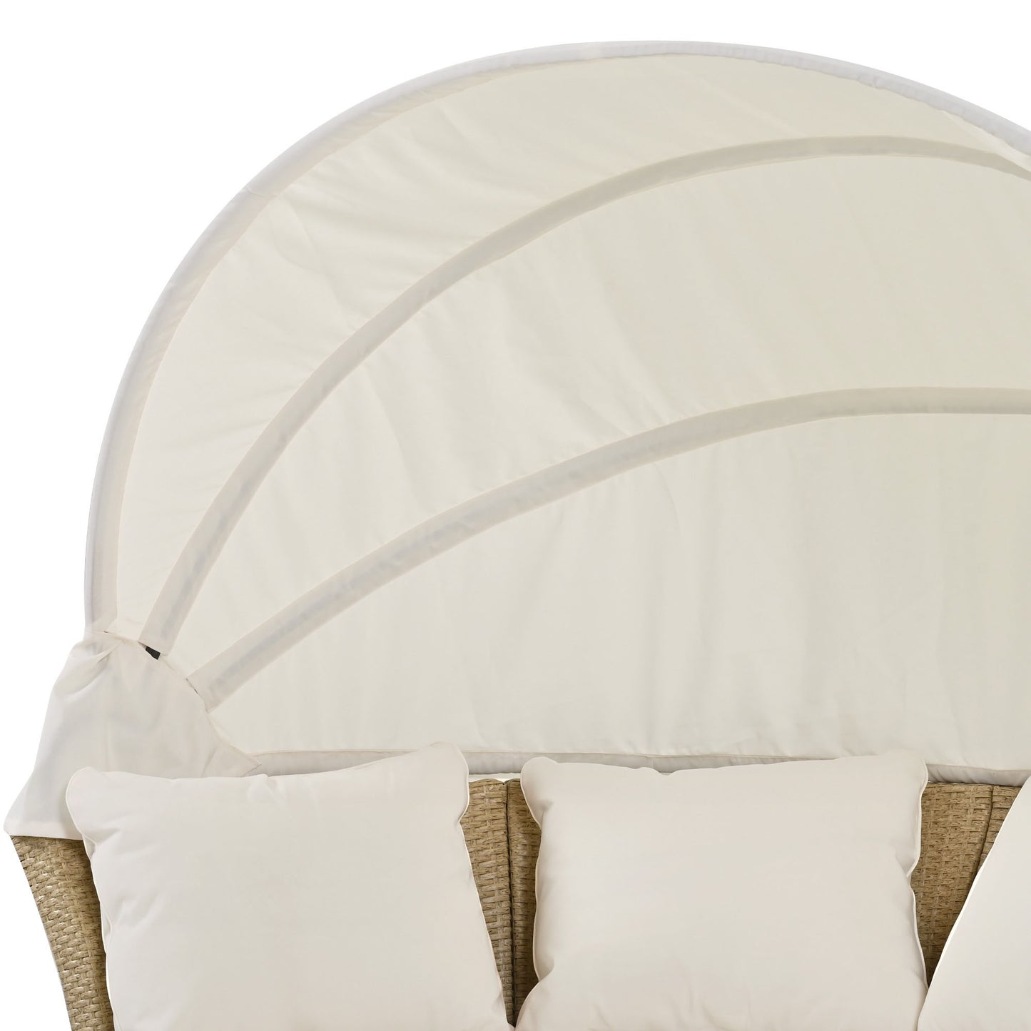 Lit de repos extérieur en osier et rotin, ensemble de meubles de canapé rond avec auvent rétractable, 4 oreillers pour pelouse, jardin, arrière-cour, porche, piscine, beige