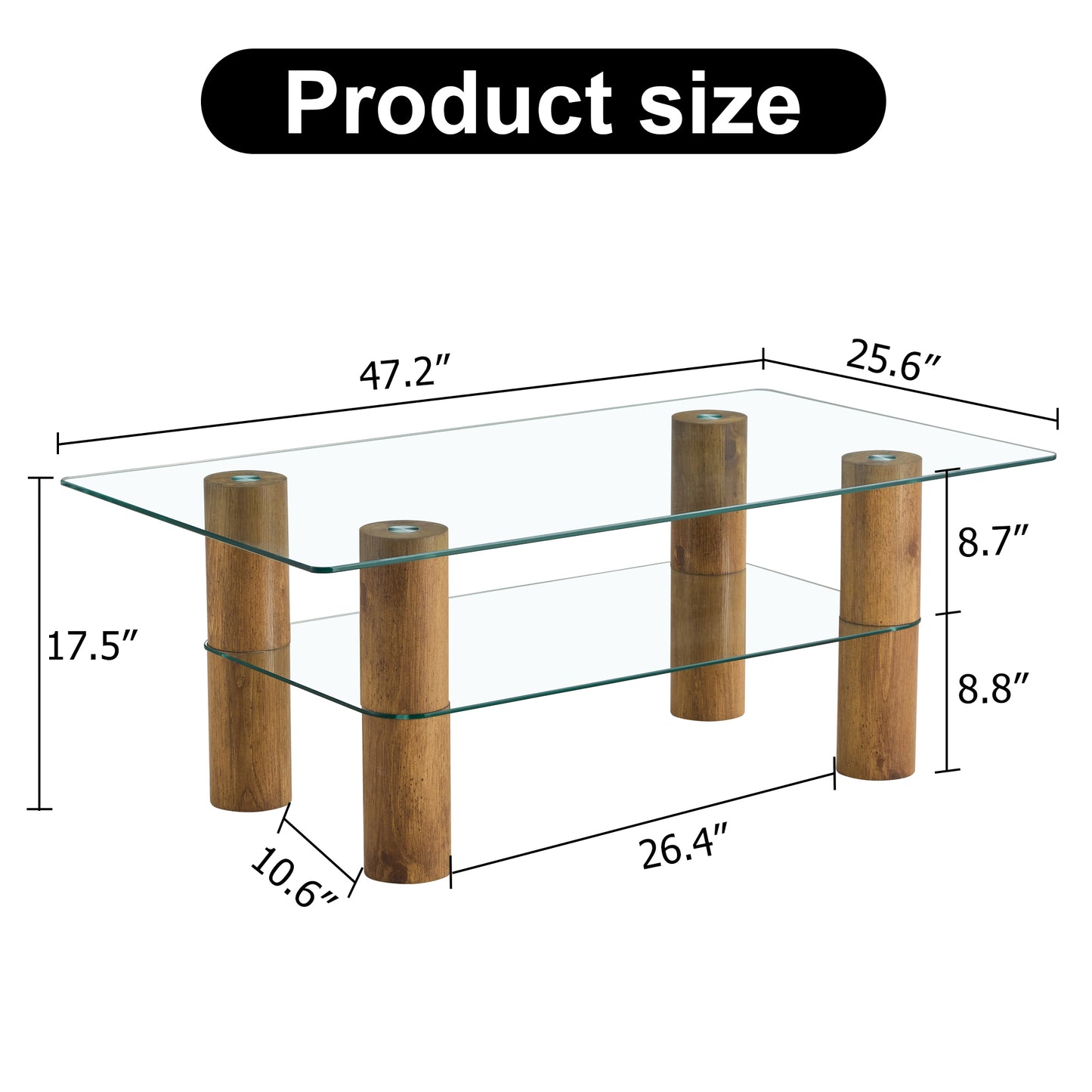 Modern Minimalist Double-Layer Transparent Tempered Glass Coffee Table with Wooden MDF Decorative Columns