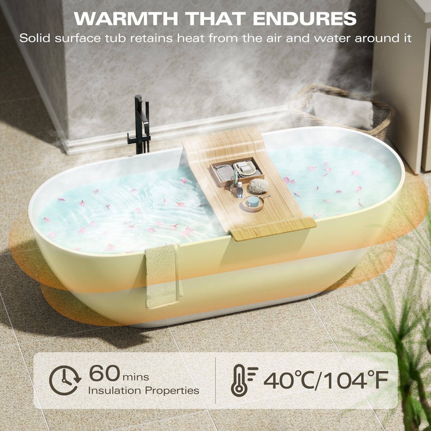 Elegant 59" Freestanding Solid Surface Bathtub – Luxury Matte White Soaking Tub with Efficient Overflow & Pop-Up Drain