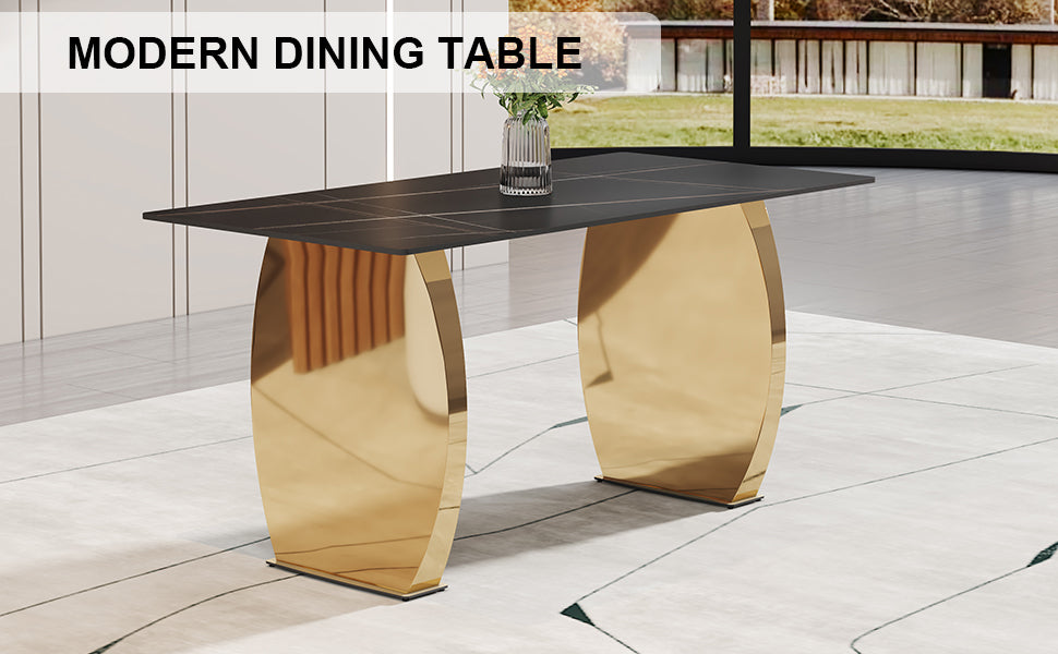 Stylish 63" Rectangular Table with Black Patterned Top and Gold Legs - Perfect for Dining Room and Living Space