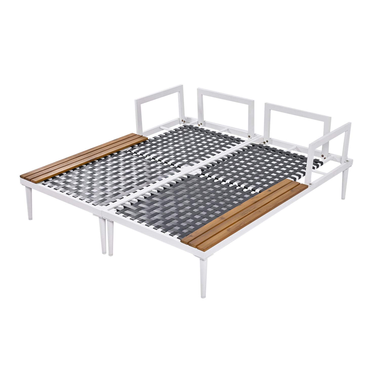 TOPMAX Lit de repos d'extérieur moderne en métal avec espaces latéraux en bois pour boissons, chaise longue rembourrée 2 en 1 pour bord de piscine, balcon, terrasse, beige