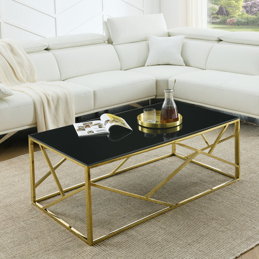 Modern Rectangular Coffee Accent Table - Black Tempered Glass Top with Gold Stainless Steel Frame for Living Room