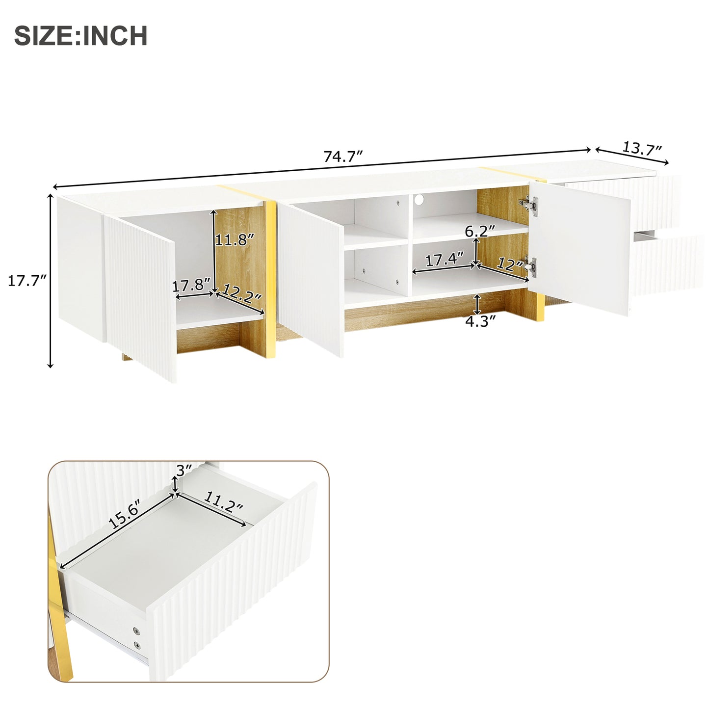 ON-TREND Luxury Fluted TV Stand for TVs Up to 80'', Modern Entertainment Center with Storage Cabinets & Drawers, Smooth Media Console with Golden Wood Grain Legs for Living Room, White