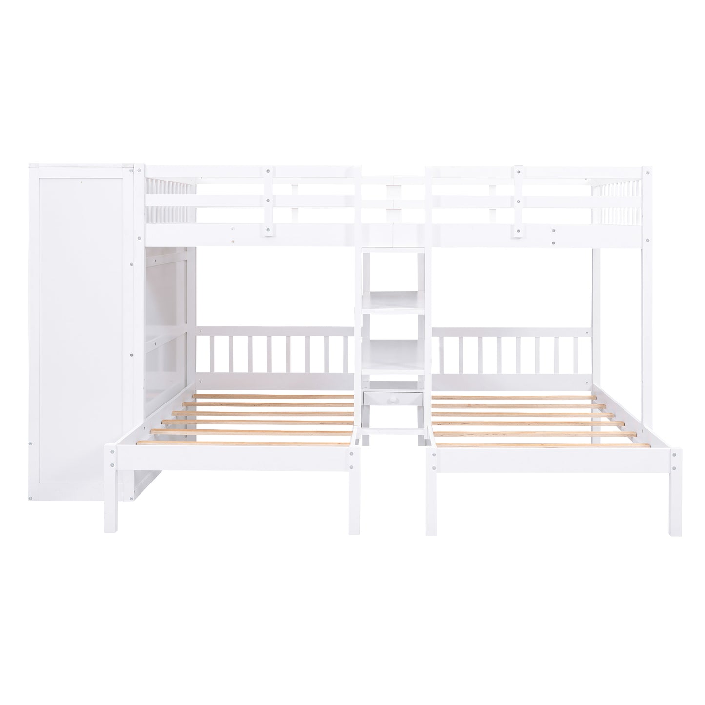 Full-Over-Twin-Twin Bunk Bed with Shelves, Wardrobe and Mirror, White