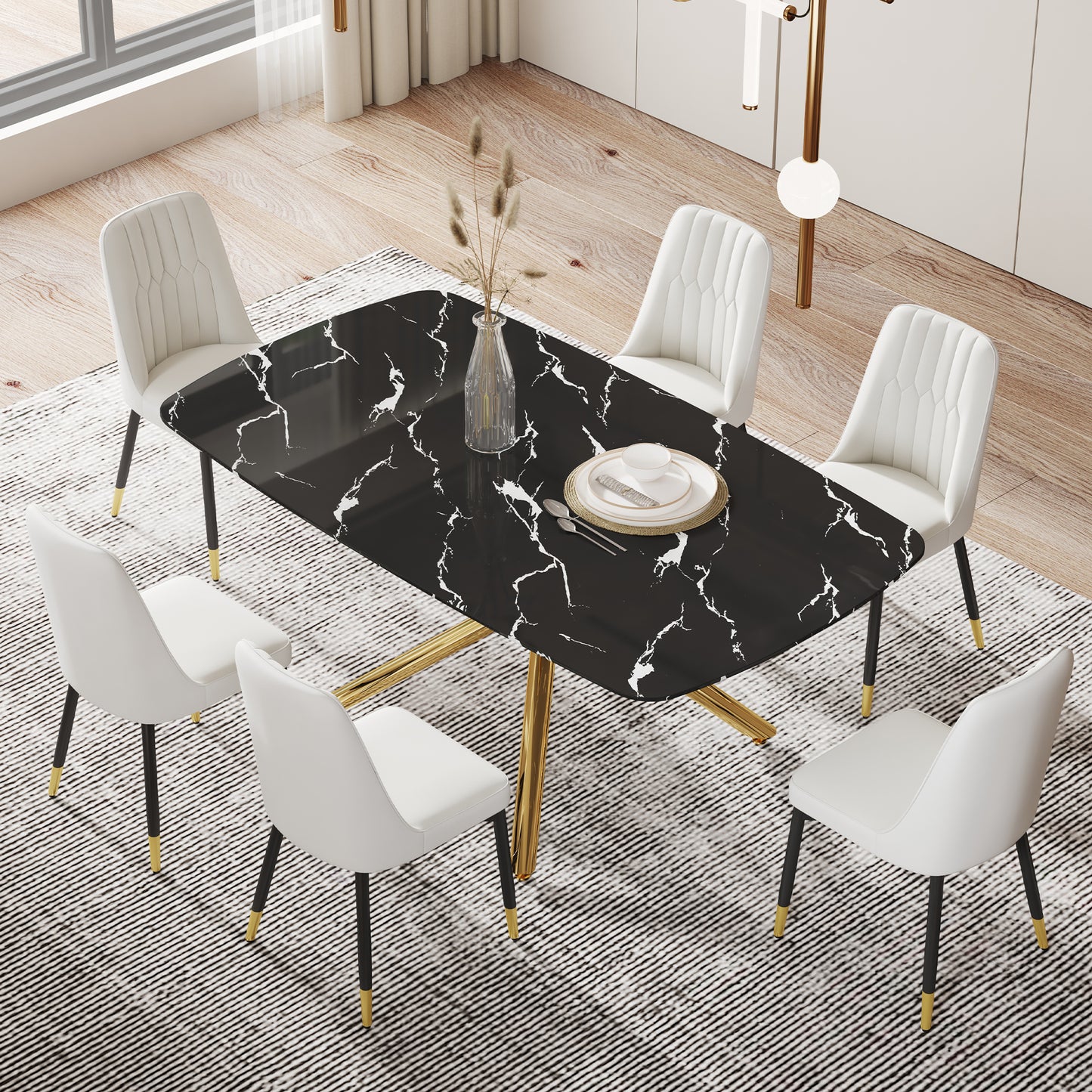 Contemporary Large Dining Table with Black Imitation Marble Top - 0.39" Thick Design with Golden Metal Legs, Perfect for Dining Rooms