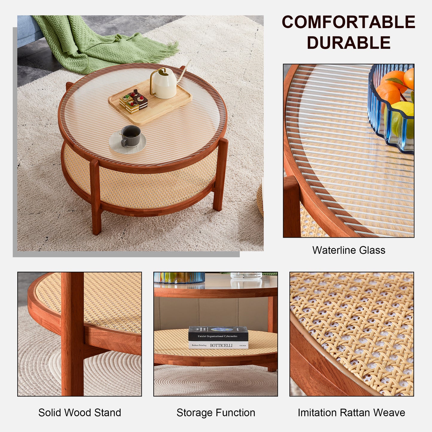 Modern Minimalist Circular Coffee Table - Double-Layer Solid Wood Design with Craft Glass Top and PE Rattan