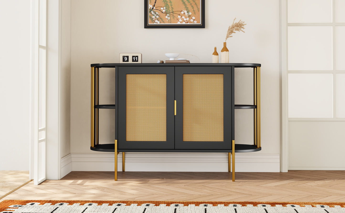 TREXM 2-Door Elegant Curved Dining Cabinet with Gold Trim and Woven Rattan Doors for Dining Room (Black)