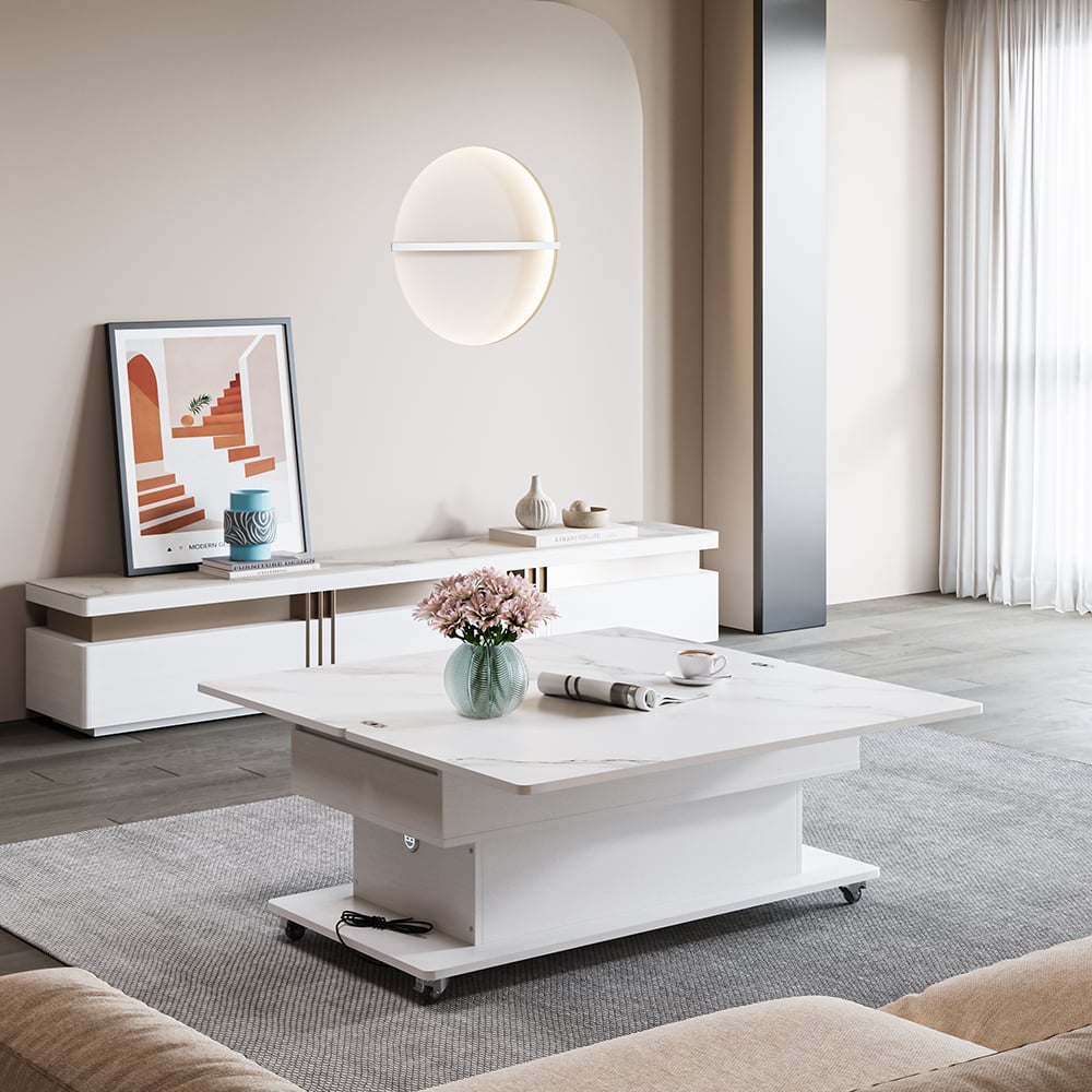 Modern White Power Lift Height Multifunctional Coffee Table Extendable 2 Drawers USB