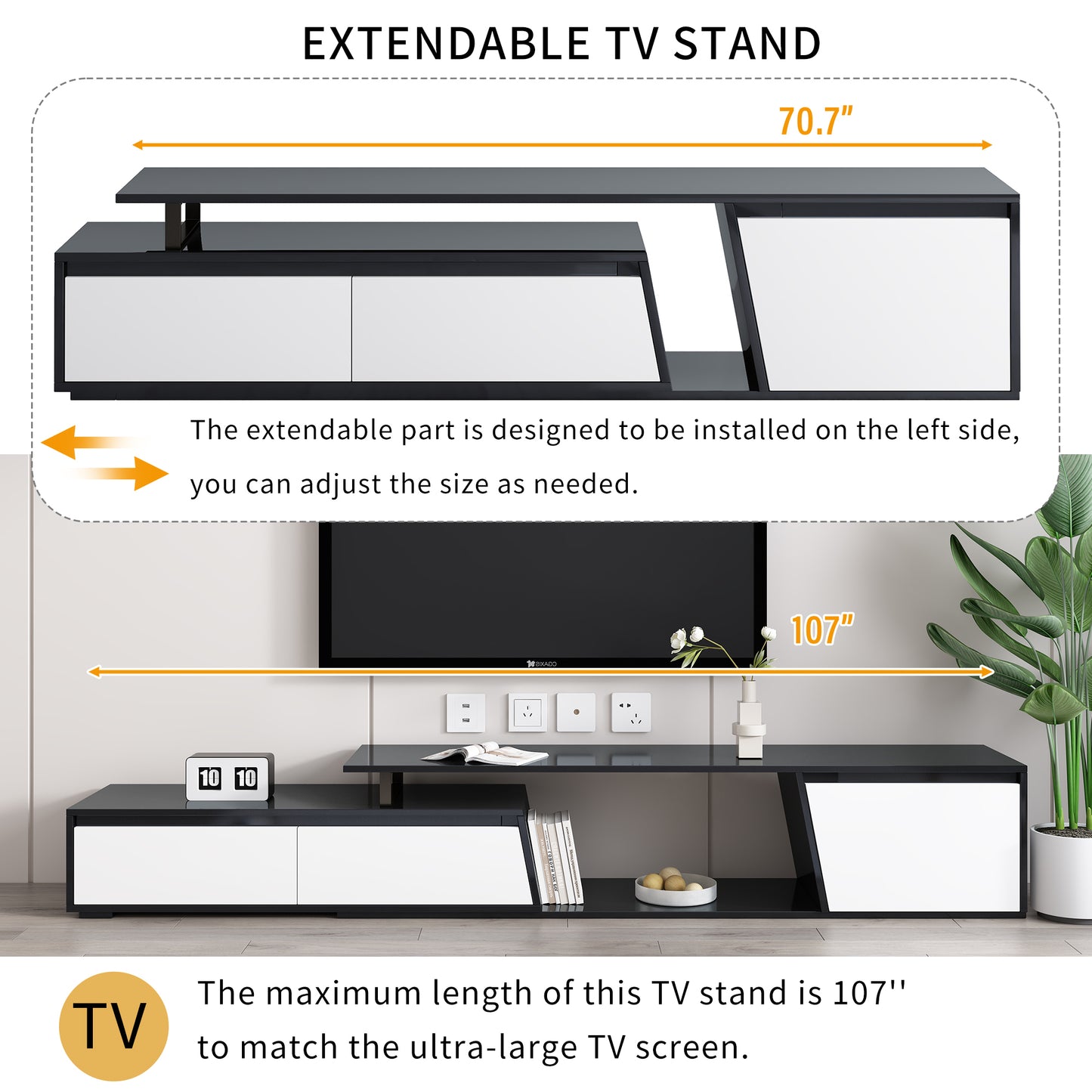 U-Can Modern, Minimalist Rectangle Extendable TV Stand, TV Cabinet with 2 Drawers and 1 Cabinet for Living Room, Up to 100''