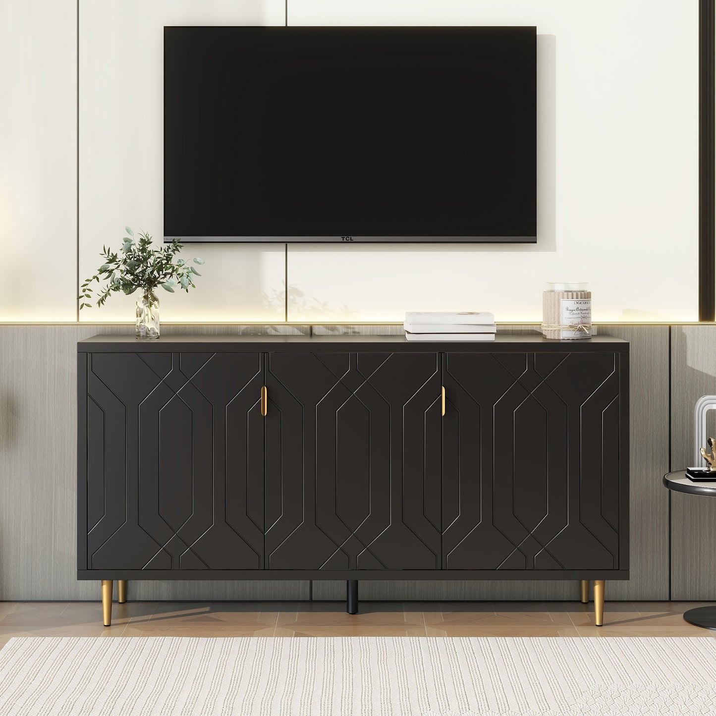 U-Can Modern TV Stand with 3 Doors and Adjustable Shelves for Living Room, Fits TVs Up to 70 Inches, Black