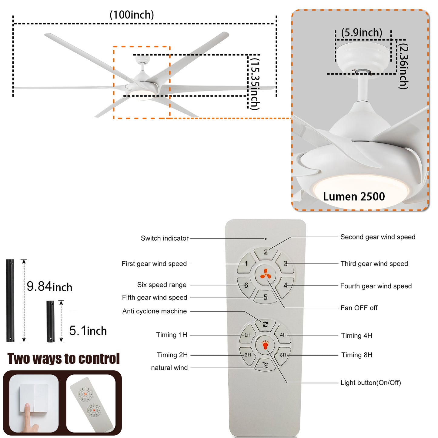 100" Ceiling Fans With Lights And Remote