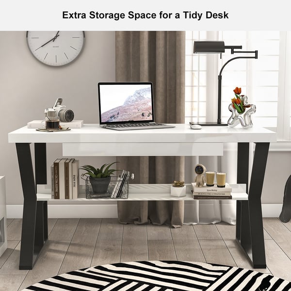 White Rectangular Writing Desk Computer Desk with Shelf & Keyboard Tray