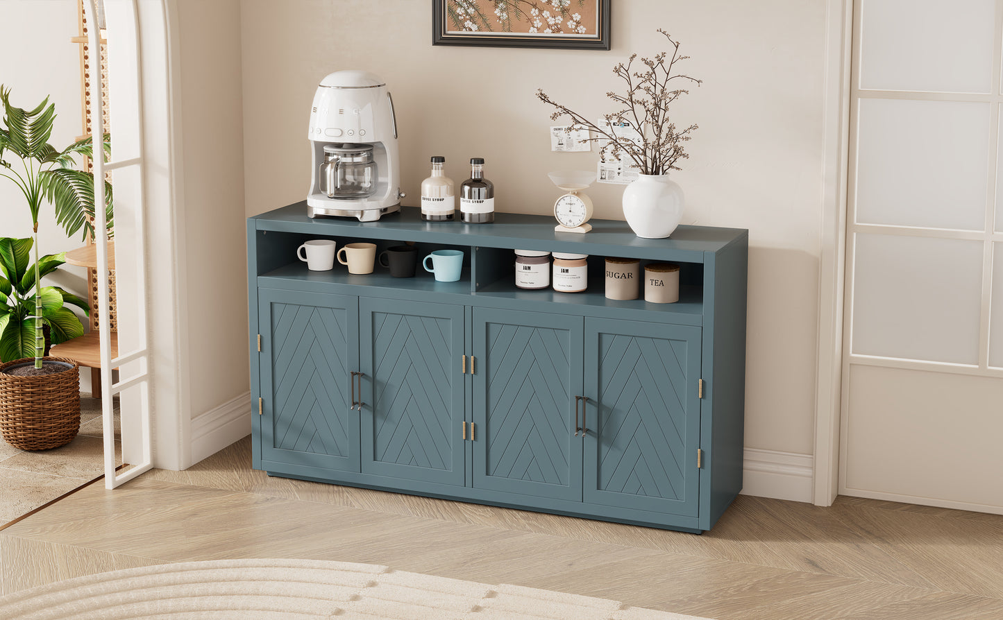 TREXM 4-door Classic Sideboard with Open Storage and Adjustable Shelves Perfect for kitchens,  living rooms (Smoke Blue)