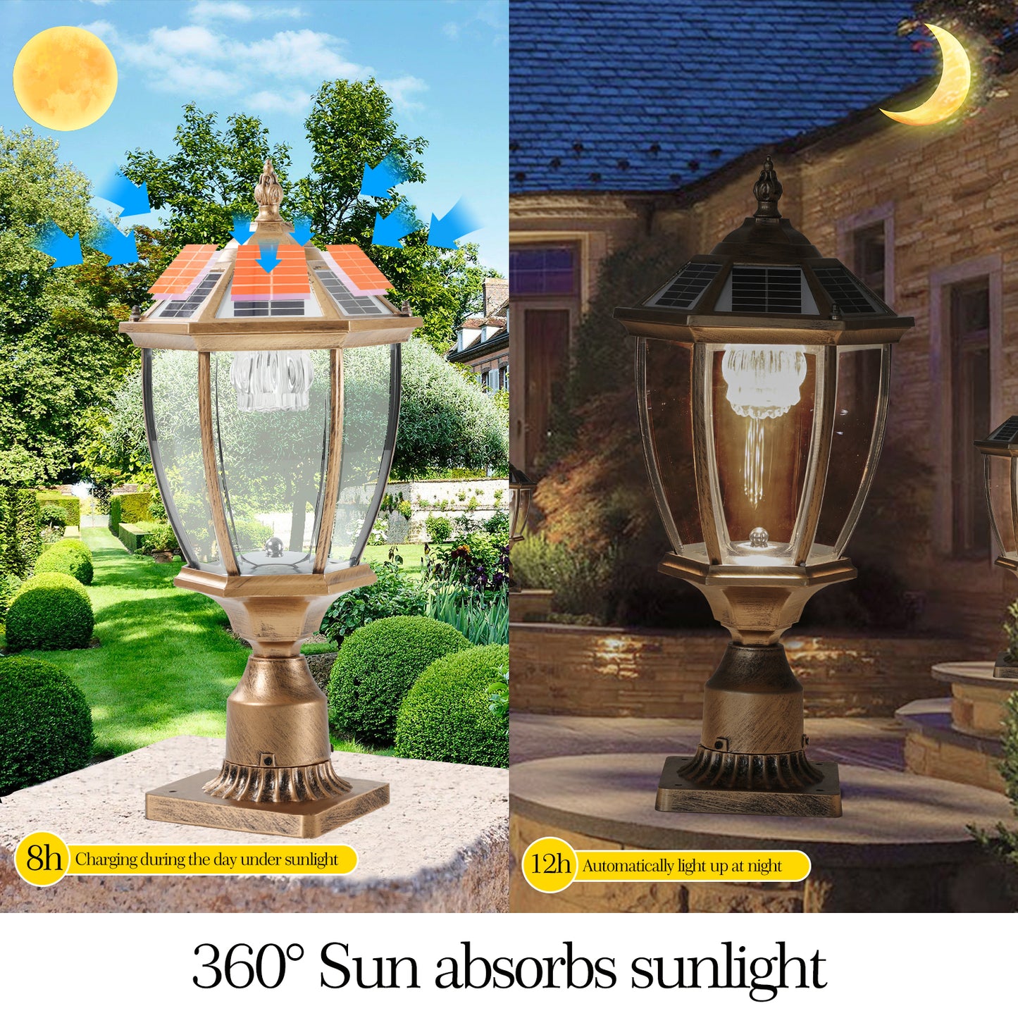 Solar-Powered Retro Gold Column Headlights with Dimmable LED - 2 Pack