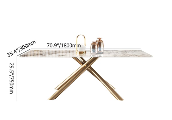 Table de salle à manger rectangulaire moderne de 71 po avec plateau en pierre frittée et tréteau en acier inoxydable