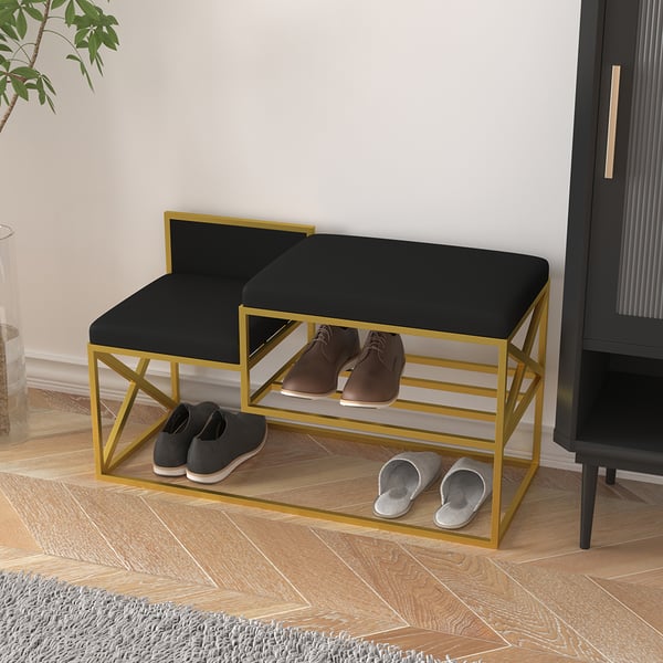 Modern PU Leather Upholstered Entryway Bench Black with Gold Legs