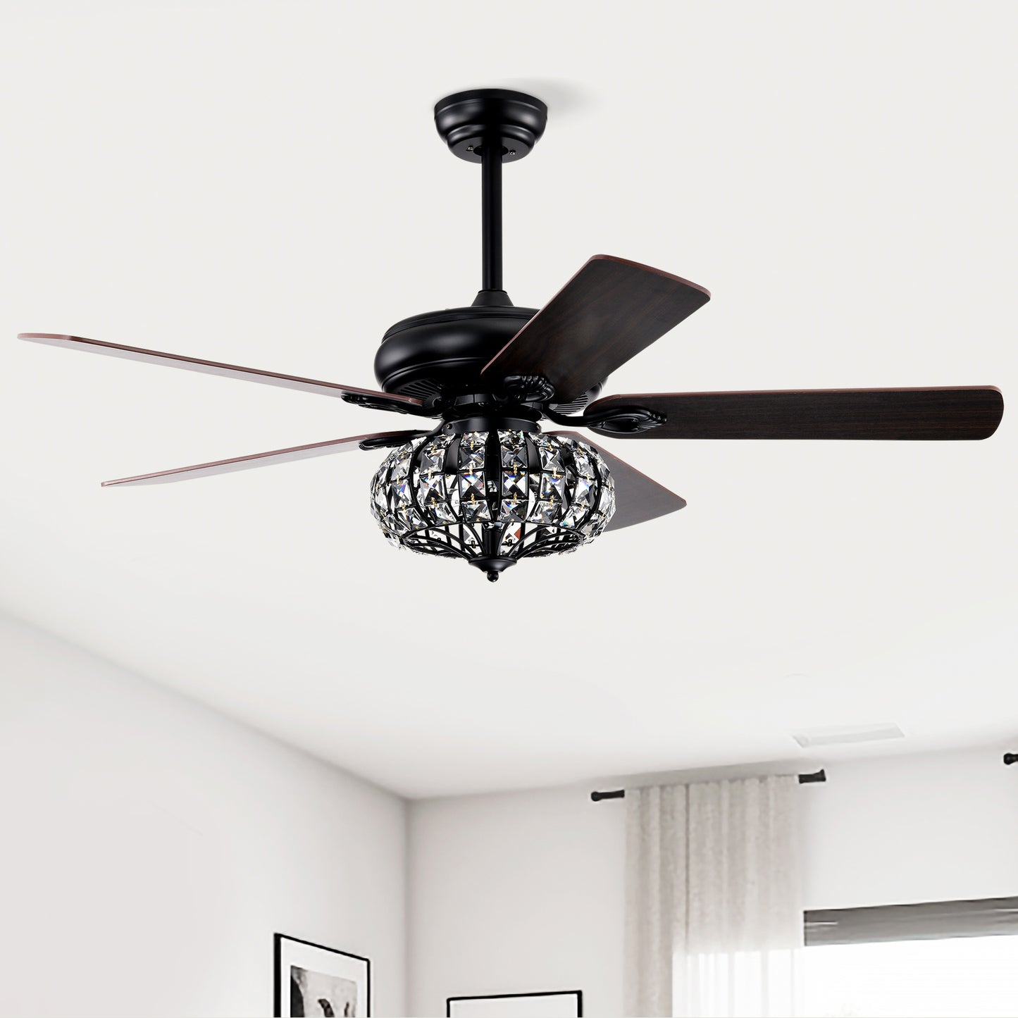 Elegant 52" Ceiling Fan Lamp - Crystal Shade, Remote Control, 3 Speeds, and 5 Reversible Blades - Matte Black