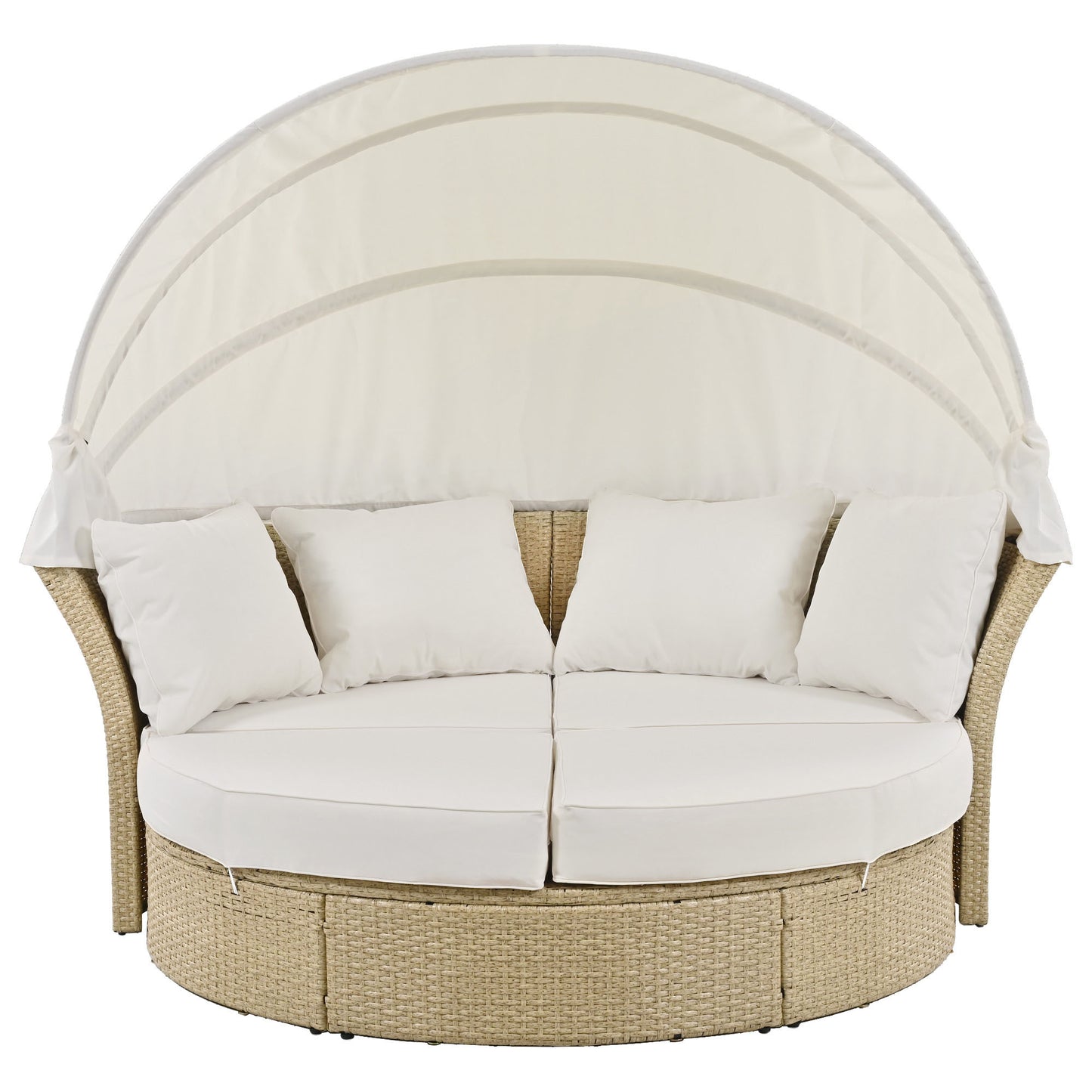 Outdoor Patio Daybed Wicker Rattan Double Daybed Round Sofa Furniture Set with Retractable Canopy, 4 Pillows for Lawn Garden Backyard Porch Pool, Beige