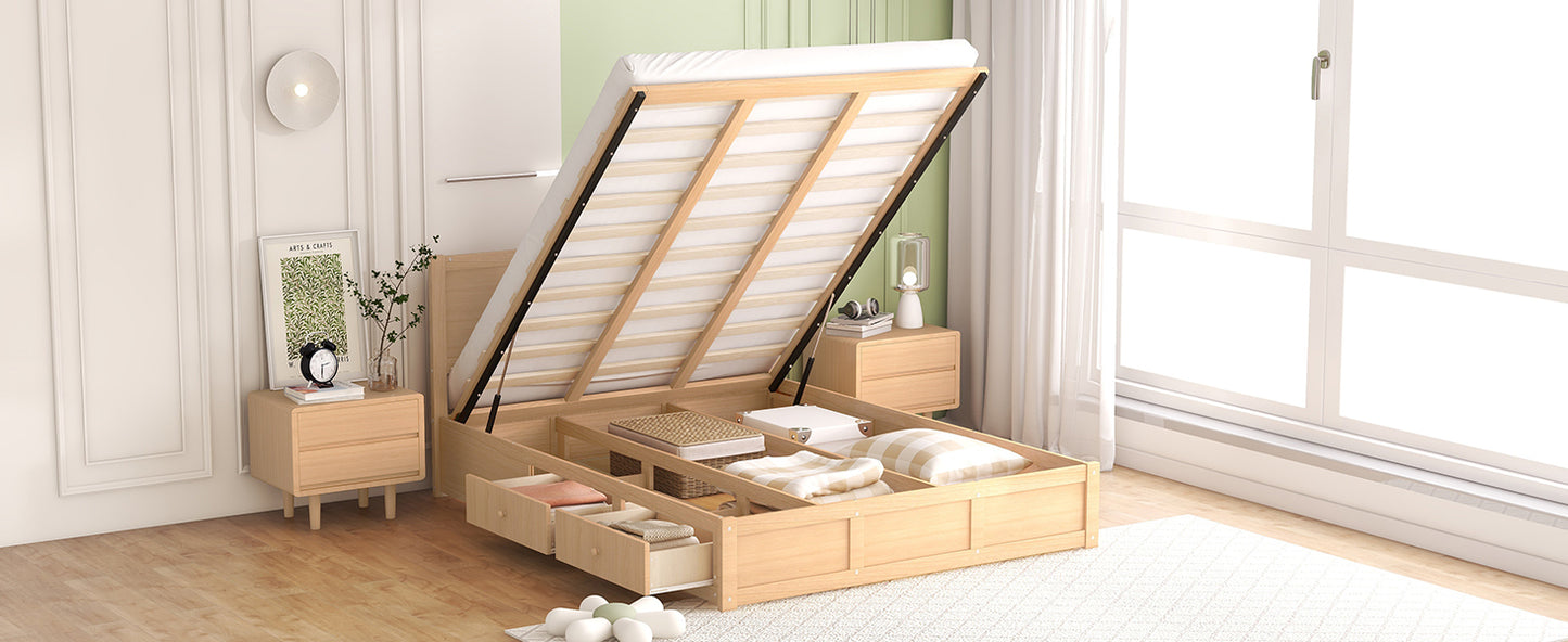 Lit plateforme en bois queen size avec rangement en dessous et 2 tiroirs, couleur bois