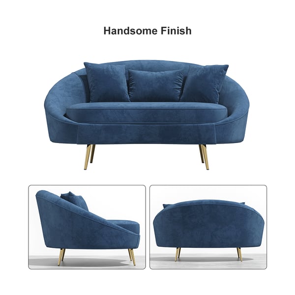 Modern 63 Inches Blue Velvet Curved Sofa Gold Legs Toss Pillow Included
